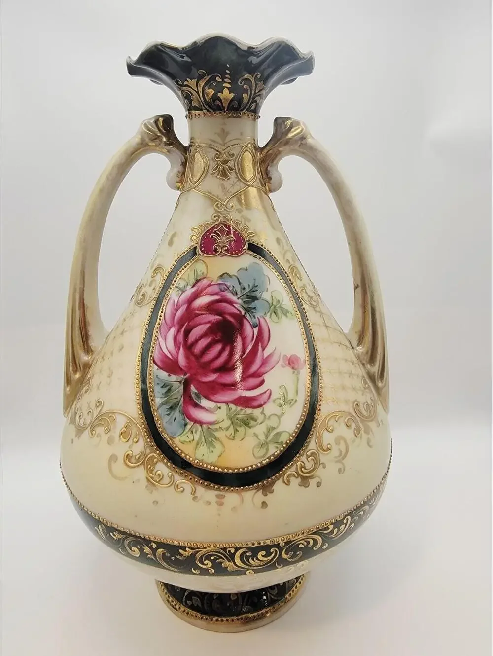 Hand-painted Nippon Gilt Moriage Porcelain Vase Pink Peony - Picture 3 of 6